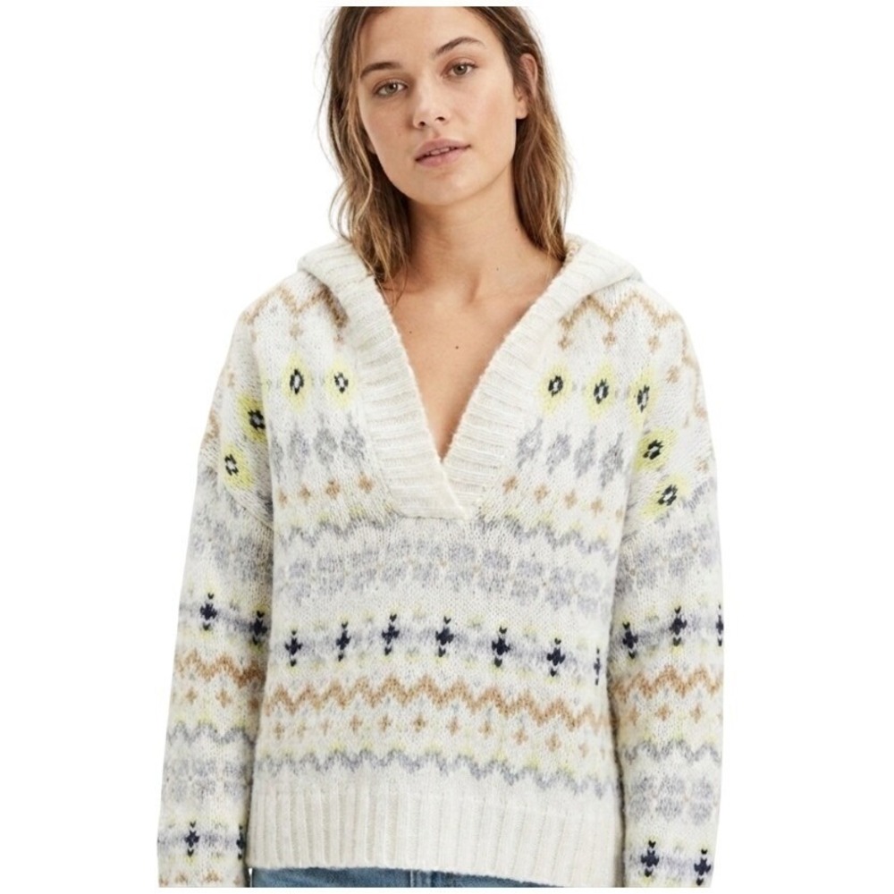 American Eagle Outfitters Sweater Womens Large White Hooded Fair Isle Pullover